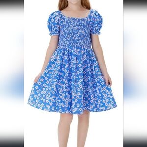 Blue Floral Smocked Puff Sleeve Kids Dress